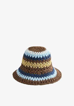 Gehäkelter Bucket Hat mit breiter Krempe in braun, blau, hellblau, weiß und gelb gestreift.