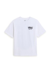 Camiseta de manga corta blanca con cuello redondo y el logo negro "VANS Style 001" impreso en el lado izquierdo del pecho.
