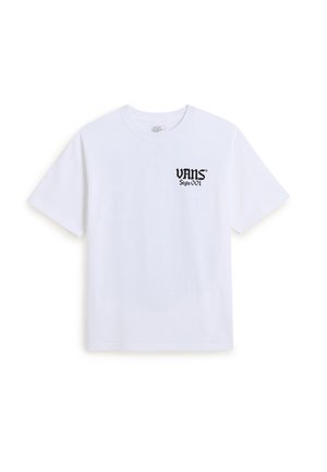 Hvid kortærmet T-shirt med rund hals og sort "VANS Style 001" logo trykt på venstre bryst.