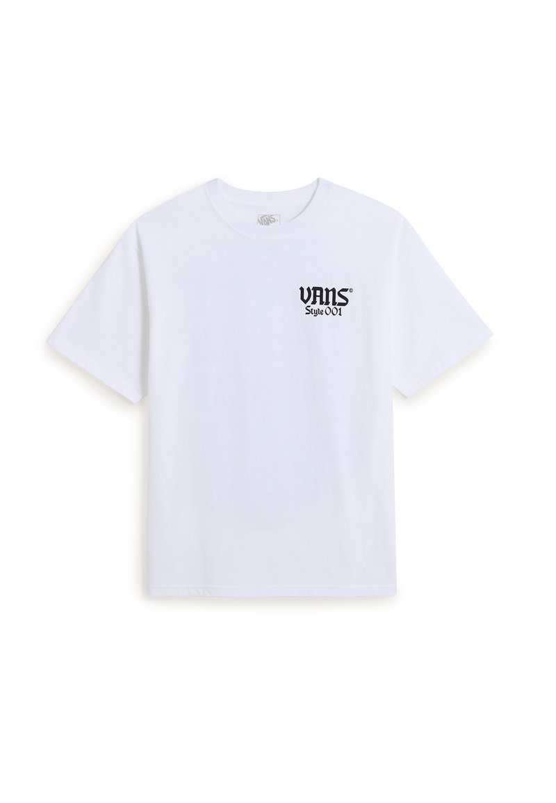 Camiseta de manga corta blanca con cuello redondo y el logo negro "VANS Style 001" impreso en el lado izquierdo del pecho.