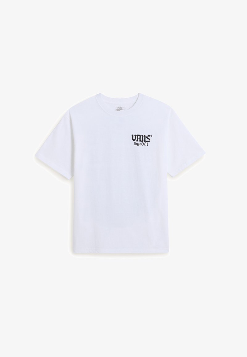 Weißes kurzärmliges Rundhals-T-Shirt mit schwarzem "VANS Style 001" Logo auf der linken Brust gedruckt.