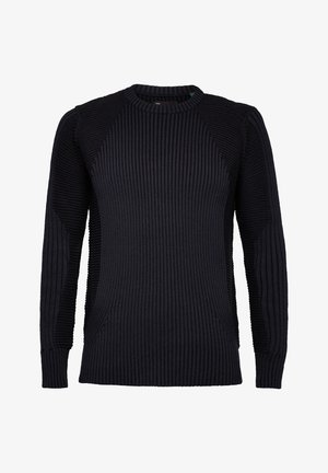 Pull en maille côtelée noire à manches longues et encolure ronde, présentant des motifs côtelés verticaux et diagonaux variés.