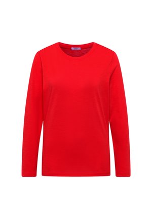 Langærmet rød t-shirt lavet af blødt bomuld. Rund halsudskæring, almindelig pasform, ingen mønstre eller hardware. Glat tekstur, udekoreret design.