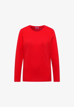 Rode T-shirt met lange mouwen van zacht katoen. Ronde halslijn, normale pasvorm, geen patronen of hardware. Glad textuur, ongecompliceerd ontwerp.