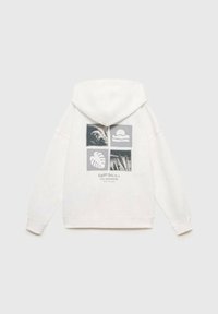 Hoodie bianco in cotone, con cappuccio, maniche lunghe, design grafico a quadri e testo "Ogni giorno è un nuovo inizio" sul retro.