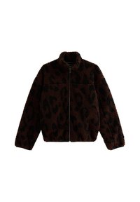 Giacca in fleece marrone con un motivo in stampa leopardata nera, dotata di chiusura con zip e colletto alto. Tessuto morbido e vestibilità comoda.