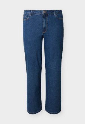 Modré rifľové nohavice s rovnými nohavicami, predným zapínaním na gombík a zips, päťvreckový štýl a viditeľné švy na svetlom pozadí.