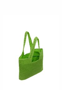 Grøn vævet tote taske med to håndtag, rektangulær form, tekstureret overflade og foret inderside. Simpelt og funktionelt design.