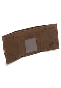 Brown leather wallet with a smooth texture, featuring card slots and a clear ID window, designed with minimalistic lines and accents.