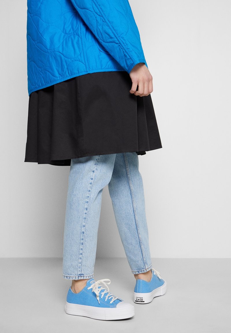 Personne portant des baskets bleu clair, un jean bleu clair, une jupe noire et une veste matelassée bleu vif, debout sur un sol gris contre un mur uni.