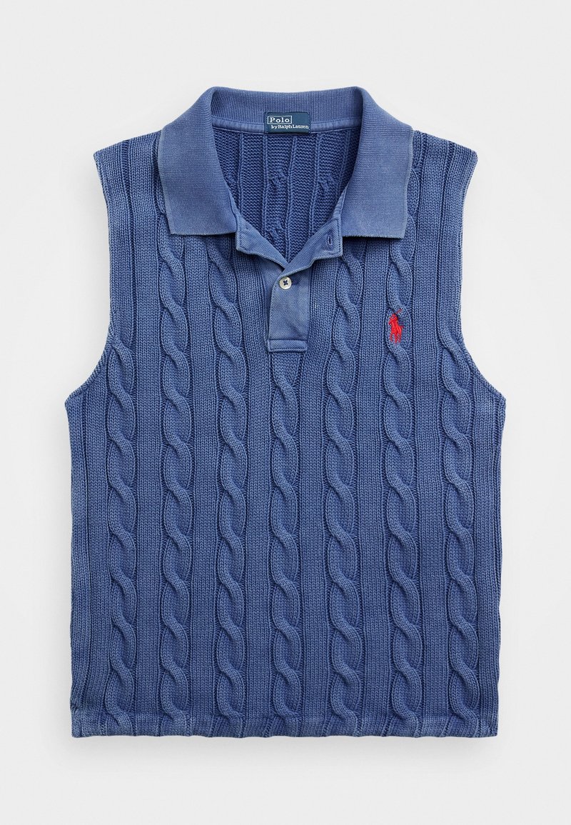 Pull polo sans manches bleu en maille torsadée avec col et logo Polo rouge brodé sur la poitrine.