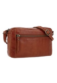 Hnědá kožená taška přes tělo se zipovým uzavřením, obdélníkový tvar, nastavitelný popruh a vnější zipová kapsa pro větší funkčnost.