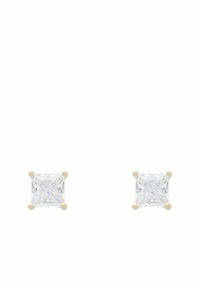 Square-cut diamond stud earrings set in gold. Clear stones with a high polish, fastened by four gold prongs in each corner.
