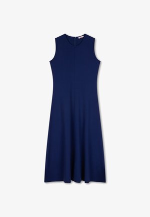 Donkerblauwe mouwloze jurk met een ronde hals, getailleerde bodice en uitlopende rok. Gemaakt van een gladde stof met een verborgen ritssluiting aan de achterkant.