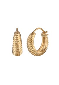 Guld hoops øreringe med en snoet tekstur, glat finish og en lås, der sikrer sikker bæring. Kompakt og cylinderformet.