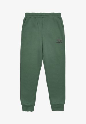 Pantalones de chándal verdes hechos de algodón suave, con una cintura elástica ajustable, bolsillos laterales, puños elásticos y un pequeño logotipo en el muslo izquierdo.