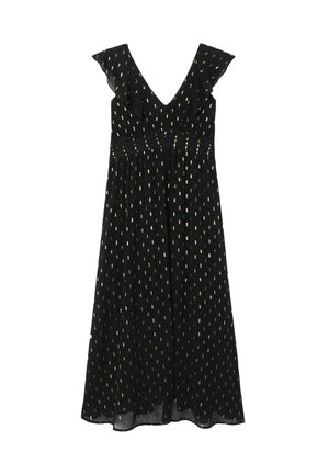 Robe midi noire sans manches avec un décolleté en V profond, épaules à volants, taille cintrée et motif de points rectangulaires dorés sur toute la surface.