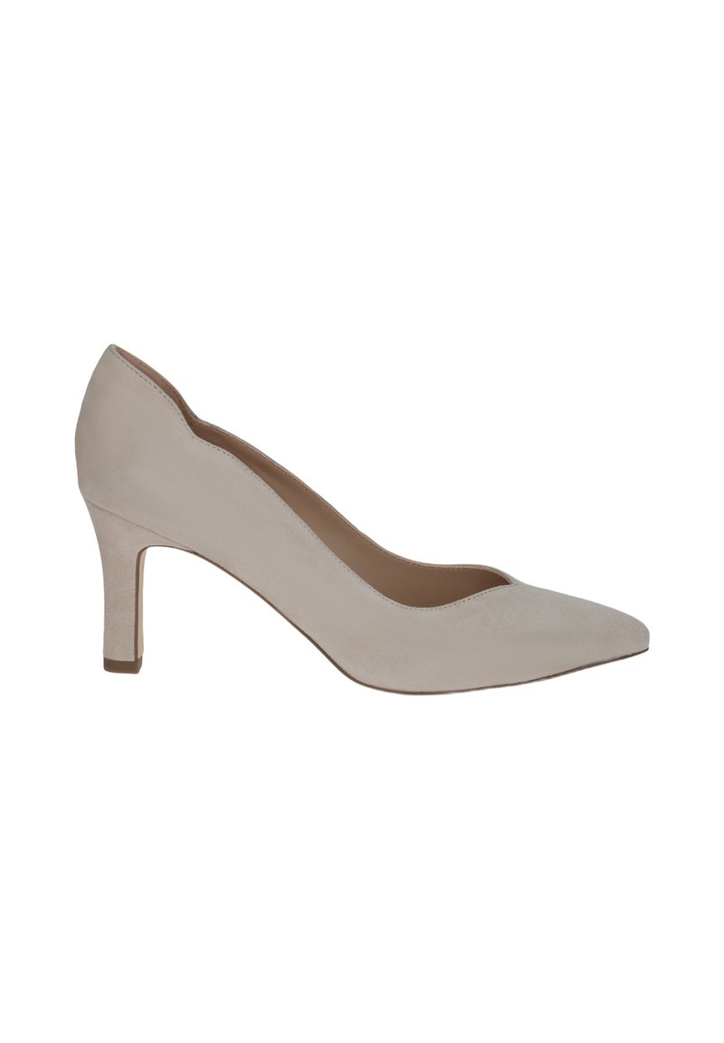 Beige suede high-heeled pump with a pointed toe and a tapered heel, featuring a smooth texture and a minimalistic design.
