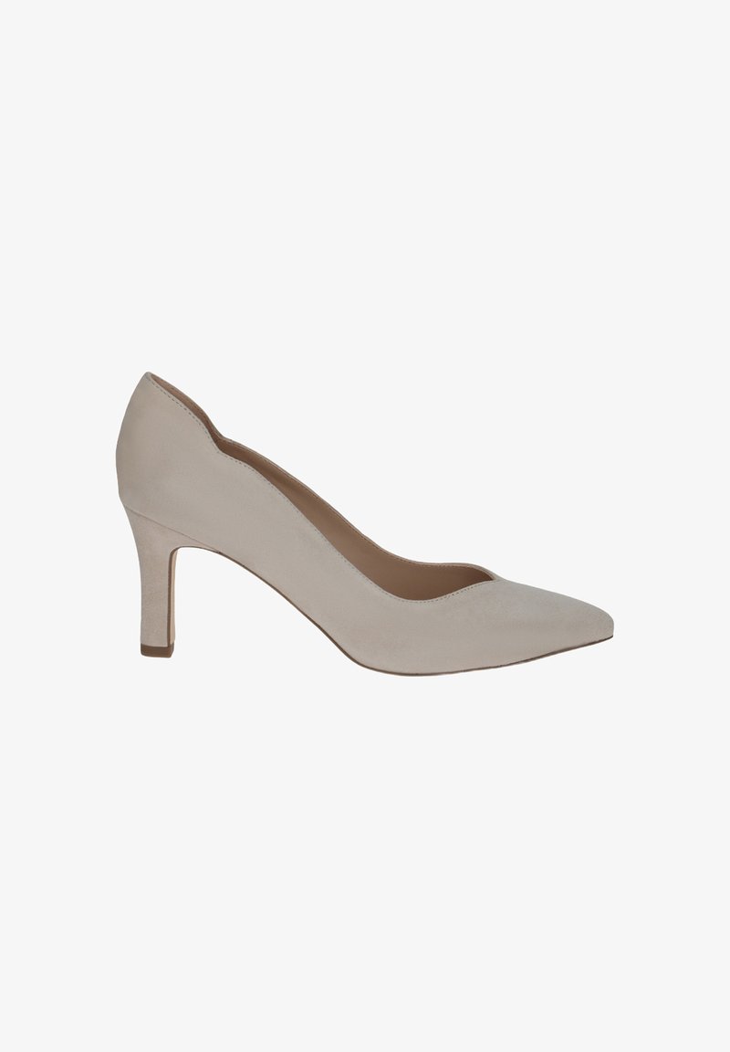 Beige suede high-heeled pump with a pointed toe and a tapered heel, featuring a smooth texture and a minimalistic design.