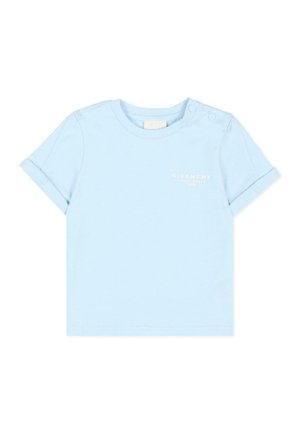 T-shirt da neonato azzurro chiaro a maniche corte con maniche ripiegate, collo rotondo, due bottoni a pressione sulla spalla e piccolo logo Givenchy sul petto.