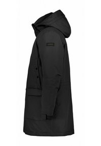 Parka nera isolata con cappuccio, realizzata in tessuto testurizzato, dotata di tasche laterali e chiusura frontale con zip. Design semplice con hardware minimale.