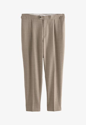 Beige, straight-leg trousers with a smooth texture, single button closure, and two front pleats, featuring belt loops and no pockets.