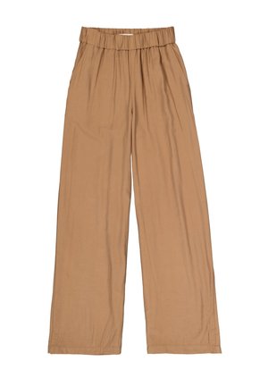 Pantalon large couleur marron clair en tissu doux avec une taille élastiquée. Présente une coupe ample et un ourlet droit.