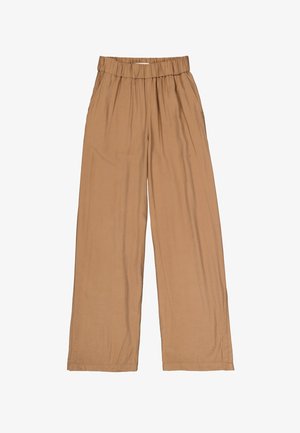 Pantalon large couleur marron clair en tissu doux avec une taille élastiquée. Présente une coupe ample et un ourlet droit.