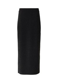 Czarna midi spódnica wykonana z fakturowanej tkaniny z delikatnym połyskiem. Posiada dopasowaną talię i prostą sylwetkę. Bez widocznych zapięć.