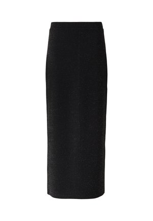 Gonna nera midi realizzata in un tessuto texturizzato con una leggera lucentezza. Presenta una vita aderente e una silhouette dritta. Nessuna chiusura visibile.