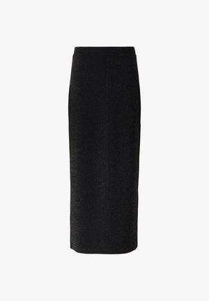 Gonna nera midi realizzata in un tessuto texturizzato con una leggera lucentezza. Presenta una vita aderente e una silhouette dritta. Nessuna chiusura visibile.