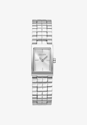 Silberne rechteckige DKNY-Uhr mit Metallgliederarmband, minimalistische Zifferblattanzeige mit der Uhrzeit 2:10, ohne Zahlen und mit kleiner Krone auf der rechten Seite.