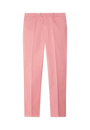 Pantalons en coton rose pour hommes, coupe ajustée, avec plis devant, passants pour ceinture, poches latérales et fermeture à bouton à la taille.