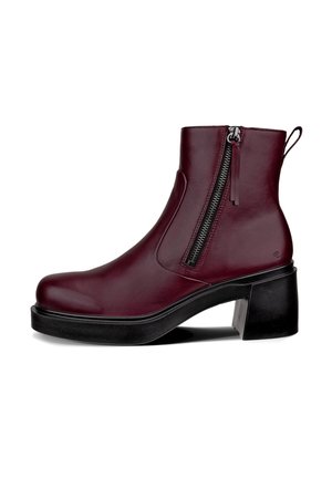 Burgundy ankle boot made of leather with a side zipper, chunky black heel, and a loop tab at the back for easy wear.