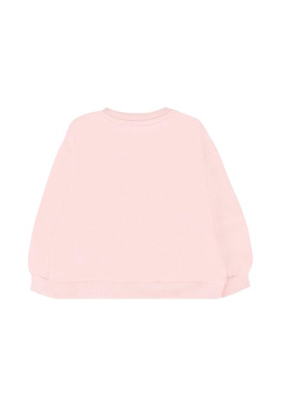 Felpa rosa chiaro con colletto rotondo, spalle scese e polsini a costina. Texture morbida, senza modelli o decorazioni visibili.