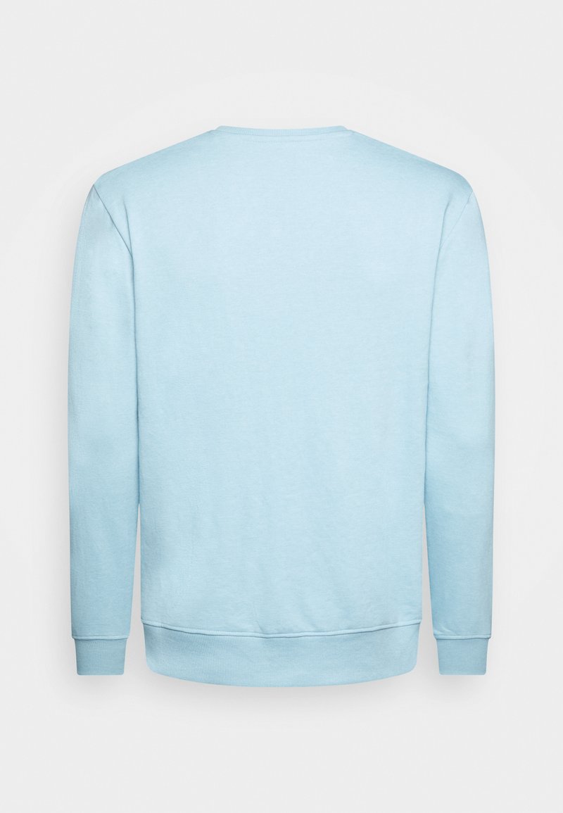 Jasnoniebieska bluza z długim rękawem, okrągłym dekoltem, żebrowanymi mankietami i dołem. Miękka tekstura materiału, minimalistyczny design, brak widocznych logotypów.