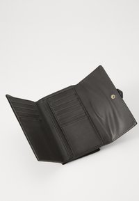Black leather wallet with a smooth texture, featuring multiple card slots, a button closure, and an open design for easy access.