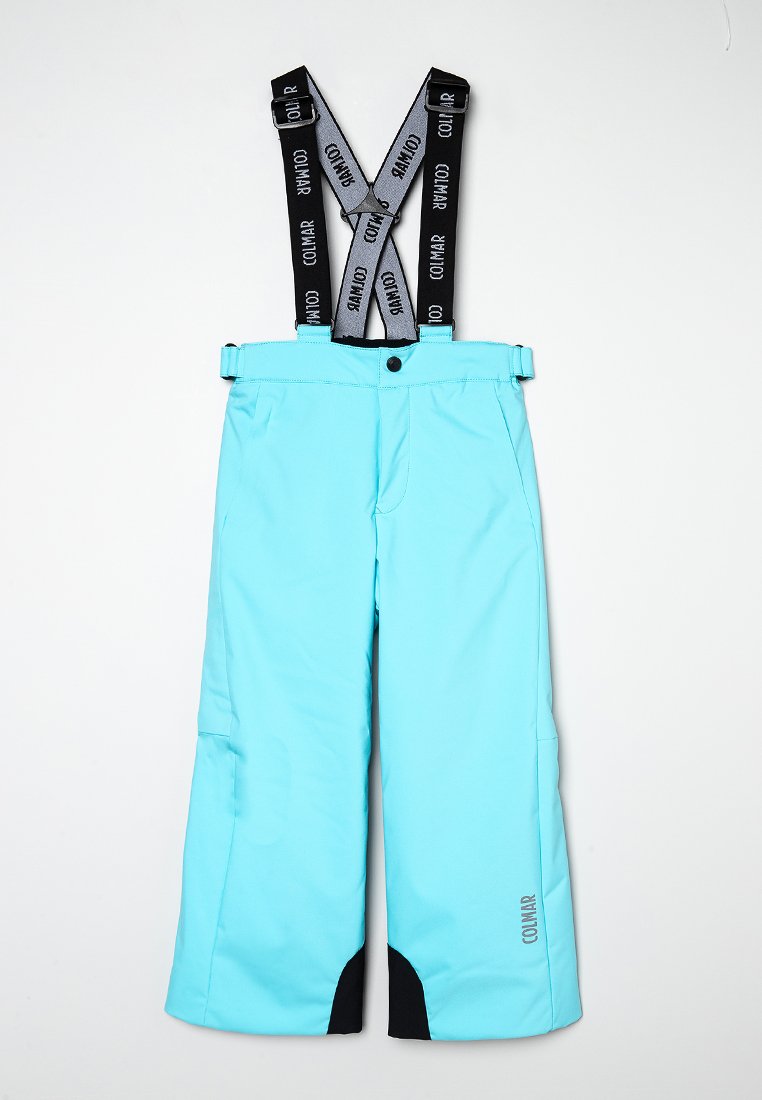 Pantaloni da sci turchese con dettagli neri, bretelle regolabili nere e grigie, tasche con zip e un design ampio adatto per gli sport invernali.