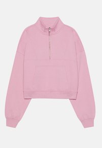 Roze cropped sweatshirt met een hoge kraag, halve rits aan de voorkant, geribde manchetten en een voorzak. Zacht materiaal met een gladde textuur.