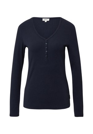 Langärmliges, navyblaues Rippenoberteil mit V-Ausschnitt und Knopfleiste mit fünf Knöpfen. Hat ein körperbetontes Design und eine weiche Textur für zusätzlichen Komfort.