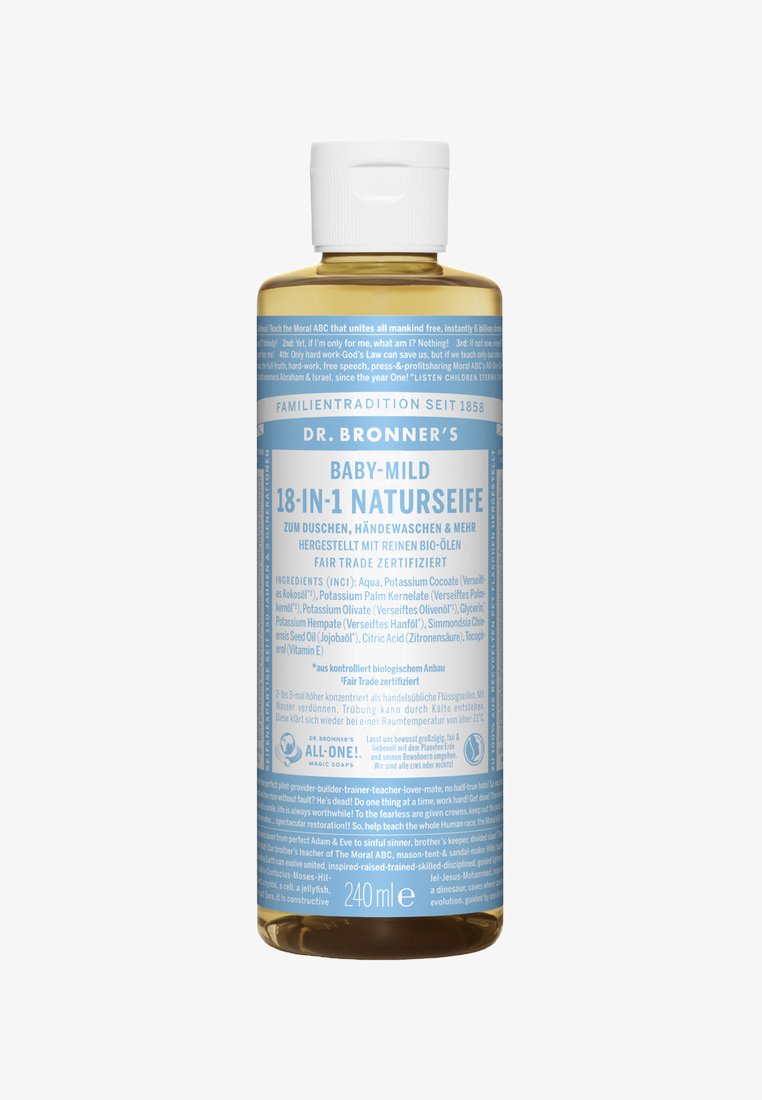 Jabón Baby-Mild 18 en 1 de Dr. Bronner's en una botella ámbar translúcida con tapa blanca de tipo flip-top y texto azul que presenta detalles de ingredientes y certificaciones.