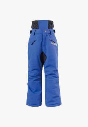 Pantaloni da neve impermeabili blu con cintura elastica, tasche laterali con zip e accenti di tessuto nero sulle ginocchia. Design resistente per l'abbigliamento invernale.