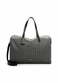 Sac de sport à motif gris fabriqué en matériau durable, avec des poignées en cuir noir et une bandoulière amovible. Fermeture éclair sur le dessus.