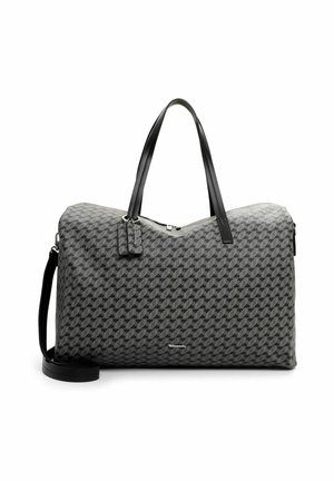Grau gemusterte Reisetasche aus strapazierfähigem Material, mit schwarzen Ledergriffen und einem abnehmbaren Schultergurt. Reißverschluss oben.