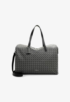 Gray patterned duffel bag made of durable material, featuring black leather handles and a detachable shoulder strap. Zipper closure at the top.