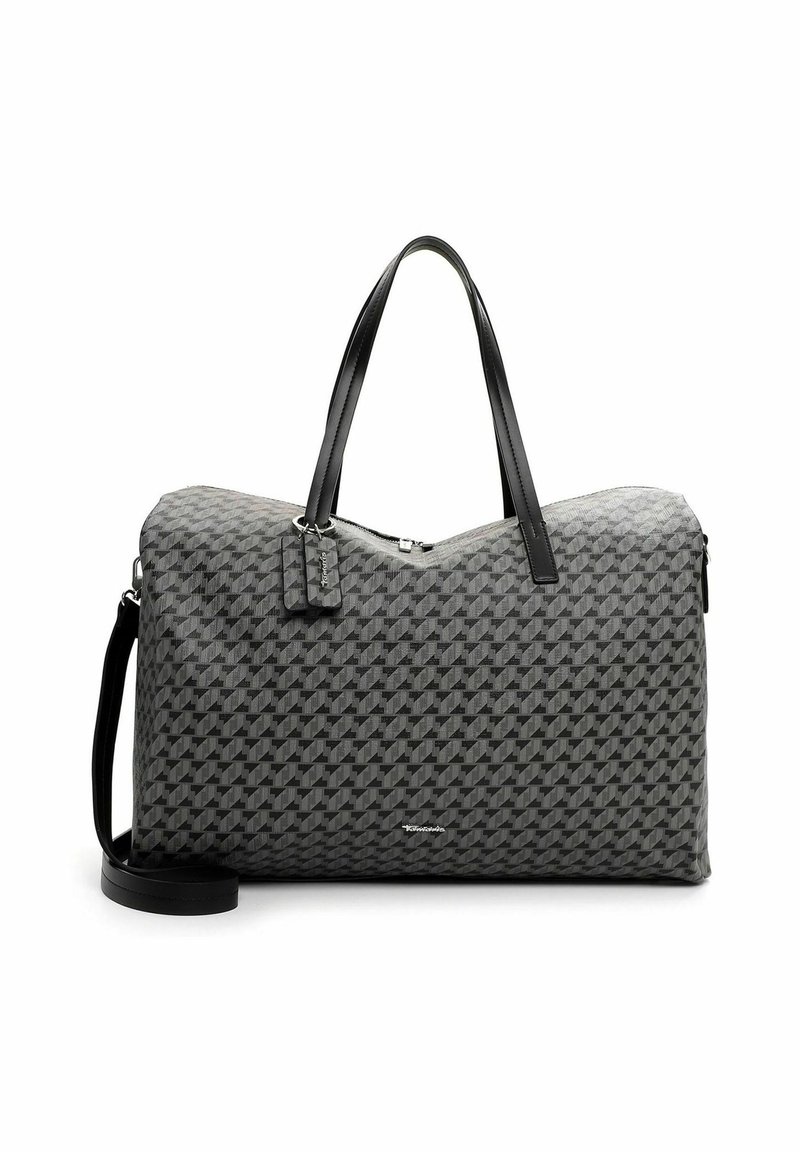 Sac de sport à motif gris fabriqué en matériau durable, avec des poignées en cuir noir et une bandoulière amovible. Fermeture éclair sur le dessus.
