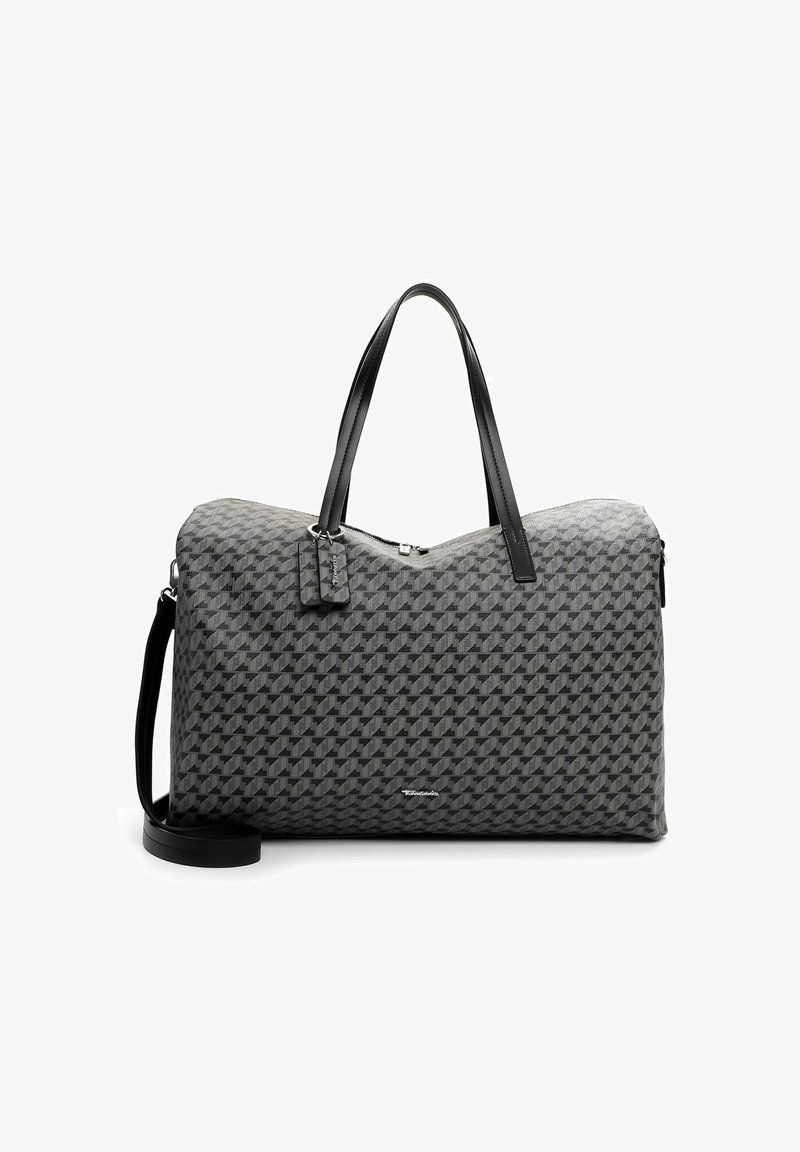 Sac de sport à motif gris fabriqué en matériau durable, avec des poignées en cuir noir et une bandoulière amovible. Fermeture éclair sur le dessus.