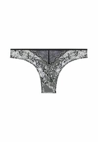 Svart spetsstring med blommönster, genomskinlig textur och kontrasterande vågiga kanter. Har en svart midjeband och en V-formad framsidan.
