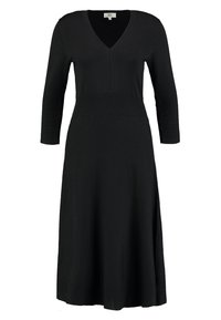 Svart klänning med V-ringning, trekvartsärmar, figursydd överdel och utställd kjol. Tillverkad av ett mjukt, elastiskt material.