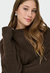 Junge Frau mit langen, welligen Haaren, die einen dunkelbraunen Pullover und silberne Creolen trägt und sanft den Kragen des Pullovers berührt.